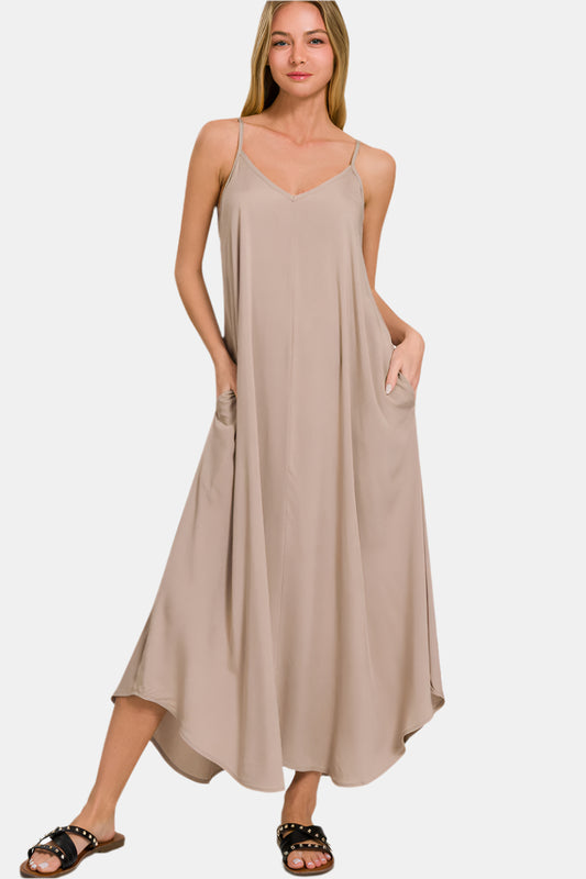 Woven Arc Hem Flowy Cami Dress With Pockets / LT MOCHA