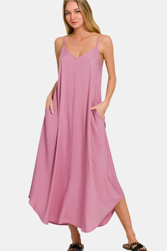 Woven Arc Hem Flowy Cami Dress With Pockets / LT ROSE