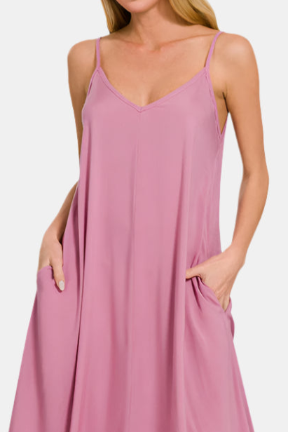 Woven Arc Hem Flowy Cami Dress With Pockets / LT ROSE