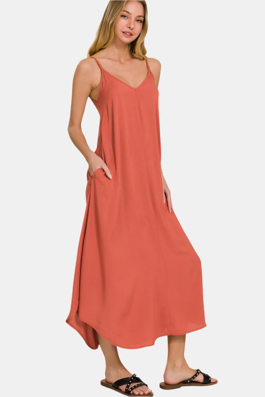 Woven Arc Hem Flowy Cami Dress With Pockets / RUST