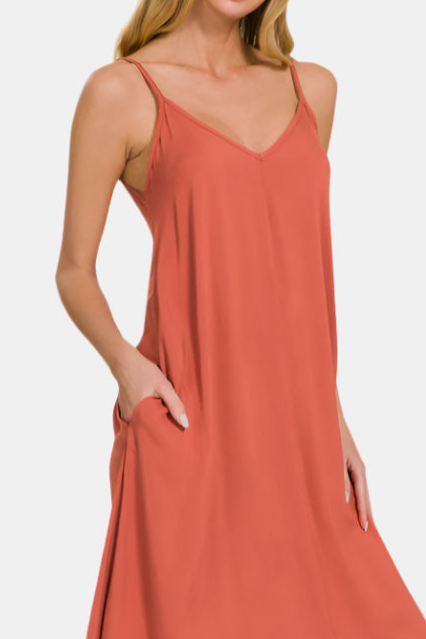 Woven Arc Hem Flowy Cami Dress With Pockets / RUST