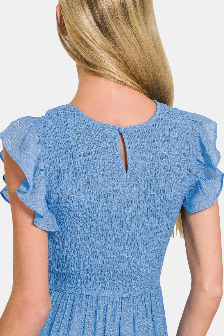 Woven Smocked Ruffle Sleeve Midi Dress / WHITE