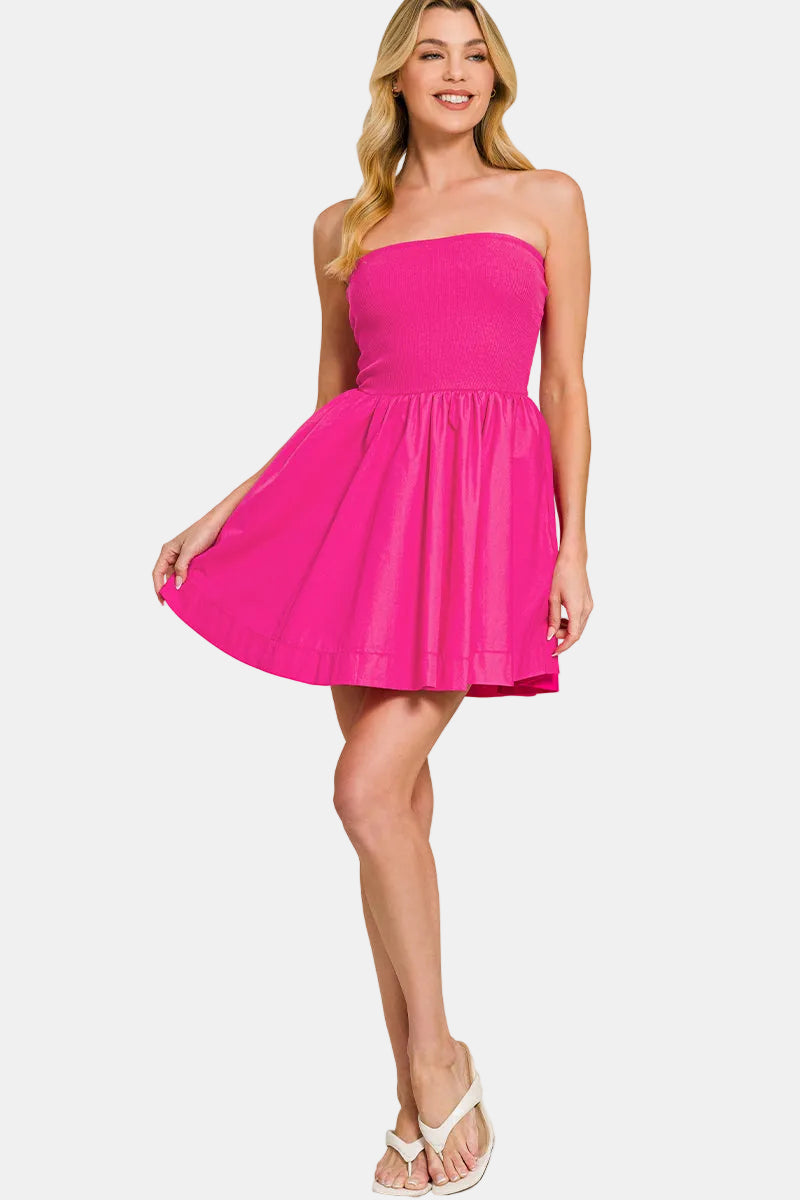 Combined Knit & Woven Fit & Flare Mini Dress / FUCHSIA