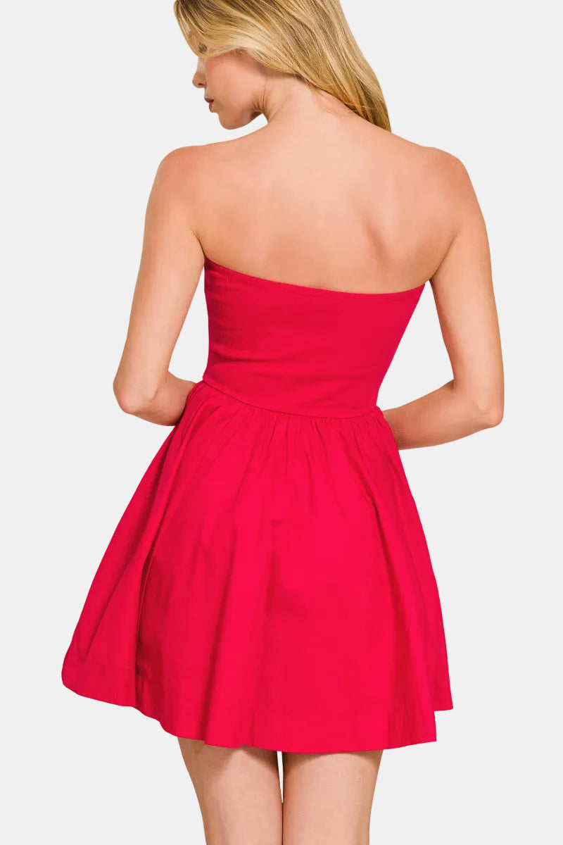 Combined Knit & Woven Fit & Flare Mini Dress / FUCHSIA