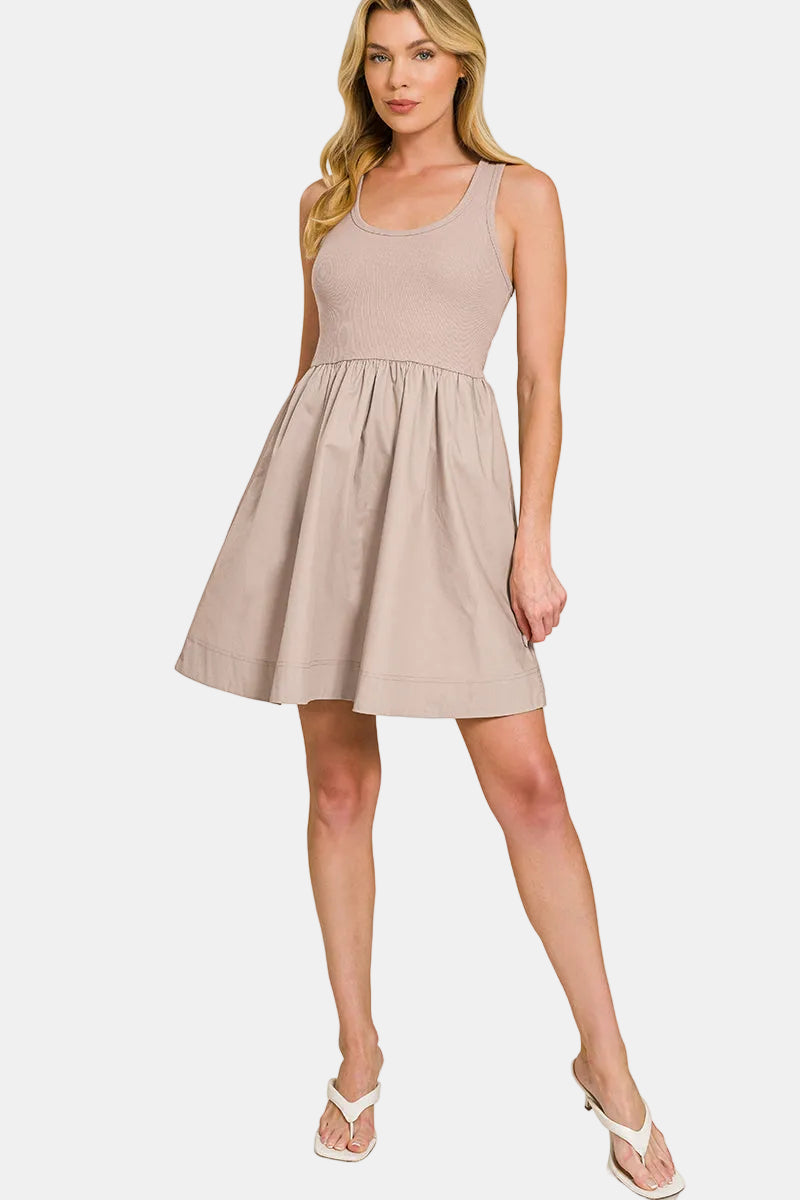 Combined Knit & Woven Dress / BLACK