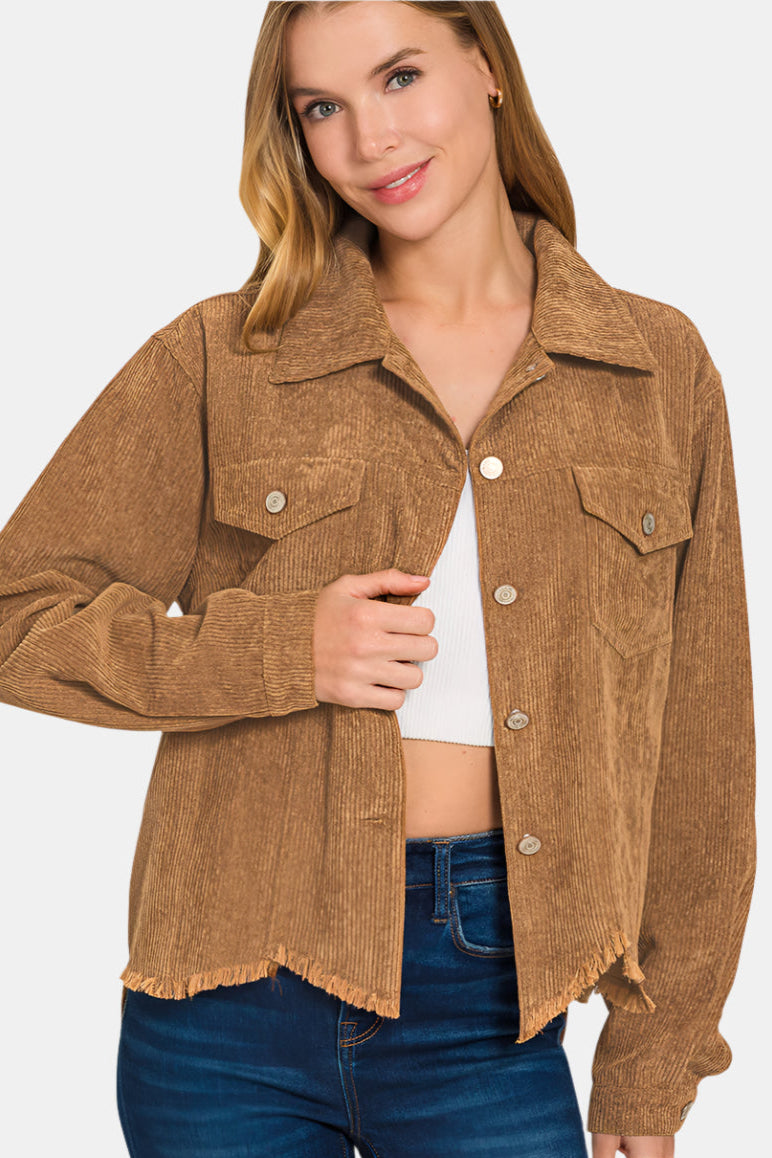 Distressed Corduroy Frayed Hem Cropped Jacket / DEEP CAMEL