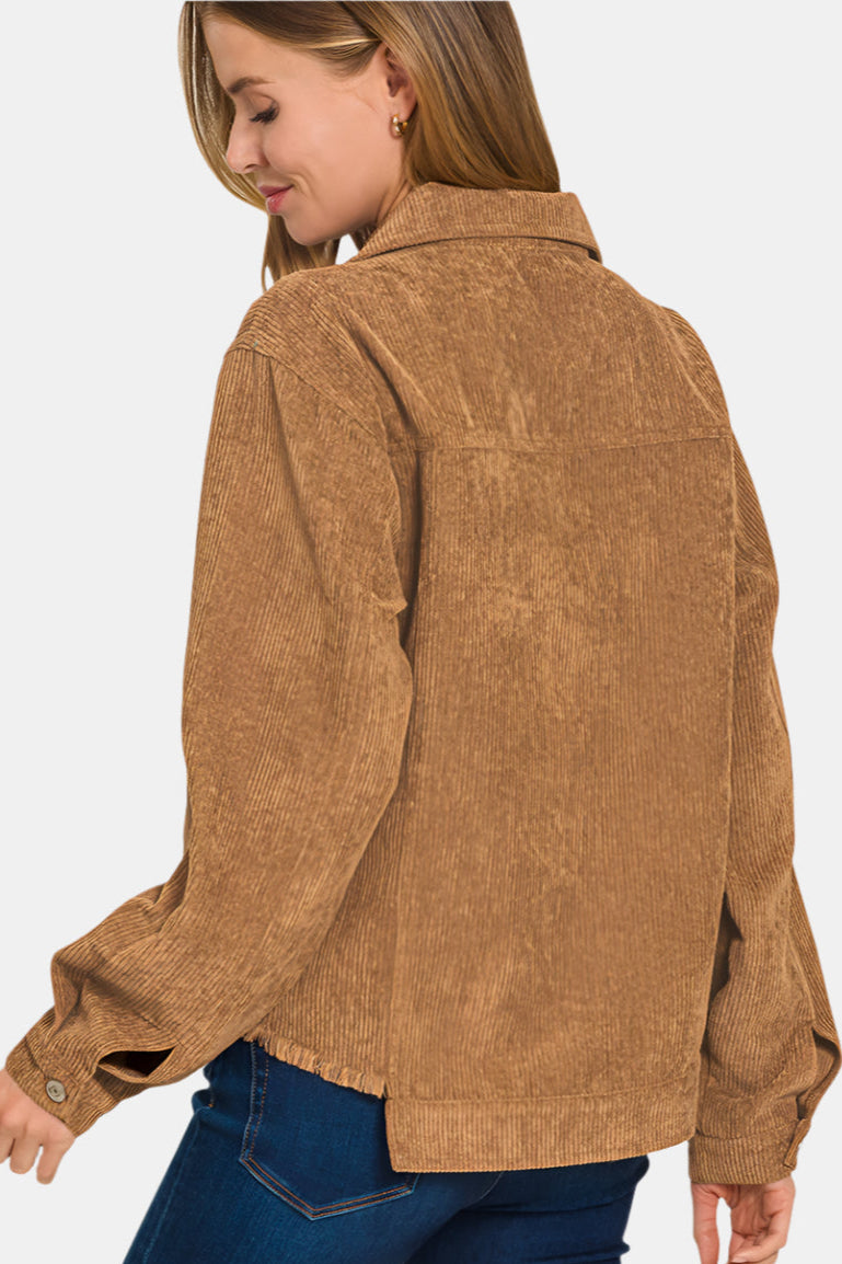 Distressed Corduroy Frayed Hem Cropped Jacket / DEEP CAMEL