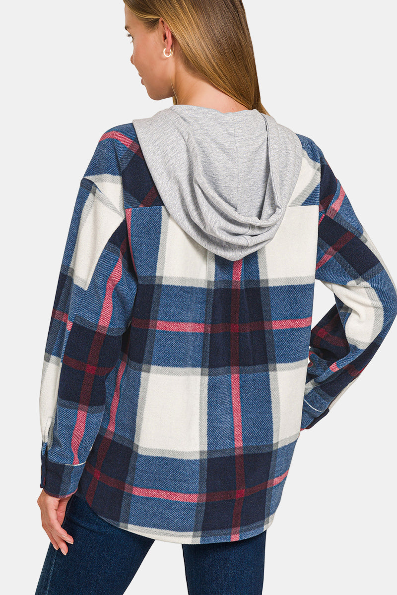 Plaid Drawstring Hooded Fleece Shacket / CABERNET