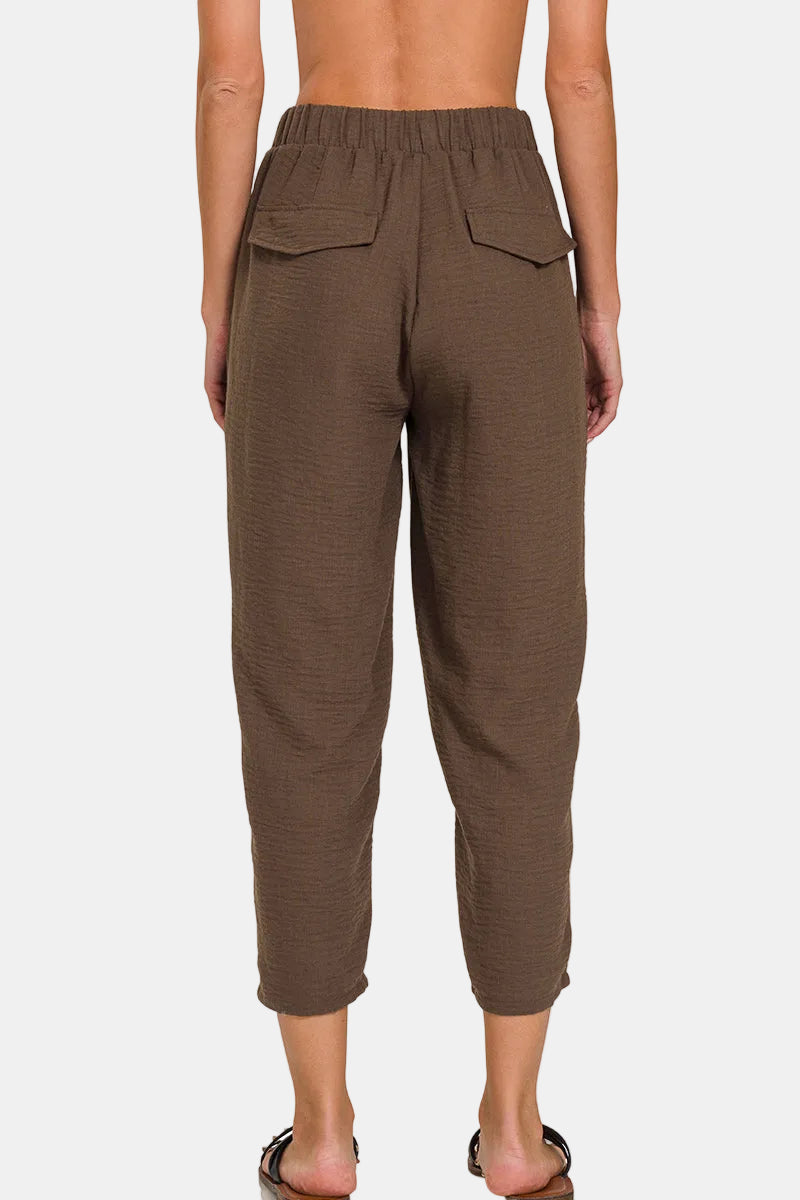 Woven Crepe Drawstring Elasticband Waist Pants / BLUE GREY