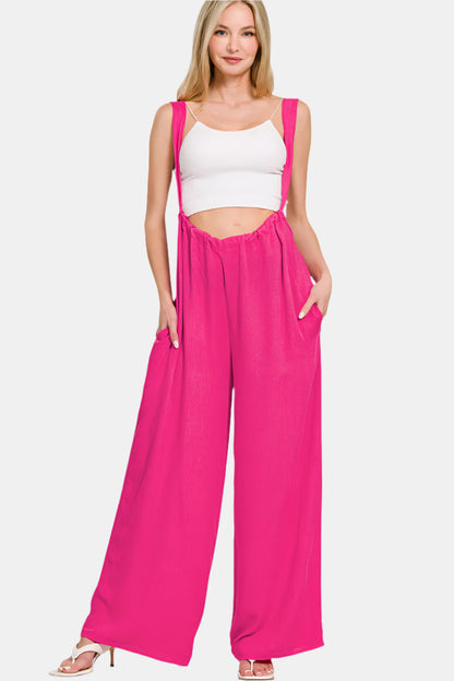 Woven Tie Back Suspender Jumpsuit / HOT PINK