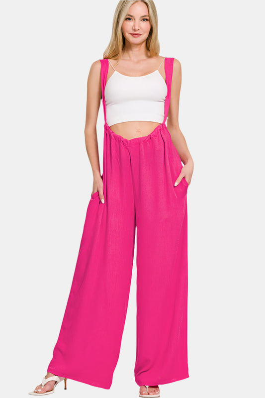 Woven Tie Back Suspender Jumpsuit / HOT PINK