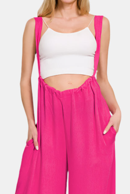 Woven Tie Back Suspender Jumpsuit / HOT PINK