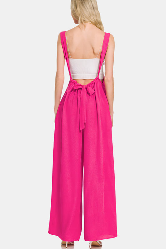 Woven Tie Back Suspender Jumpsuit / HOT PINK