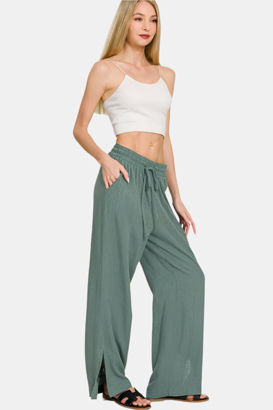 Linen Drawstring Pants With Side Slits / ASH JADE