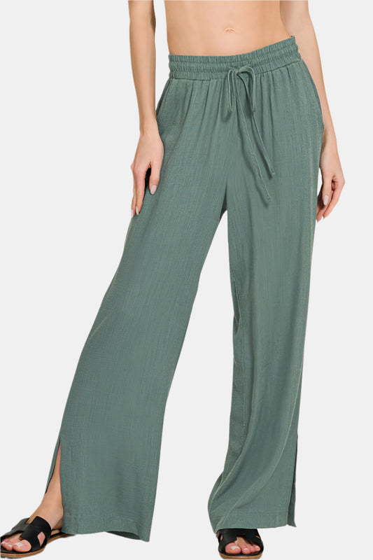 Linen Drawstring Pants With Side Slits / ASH JADE