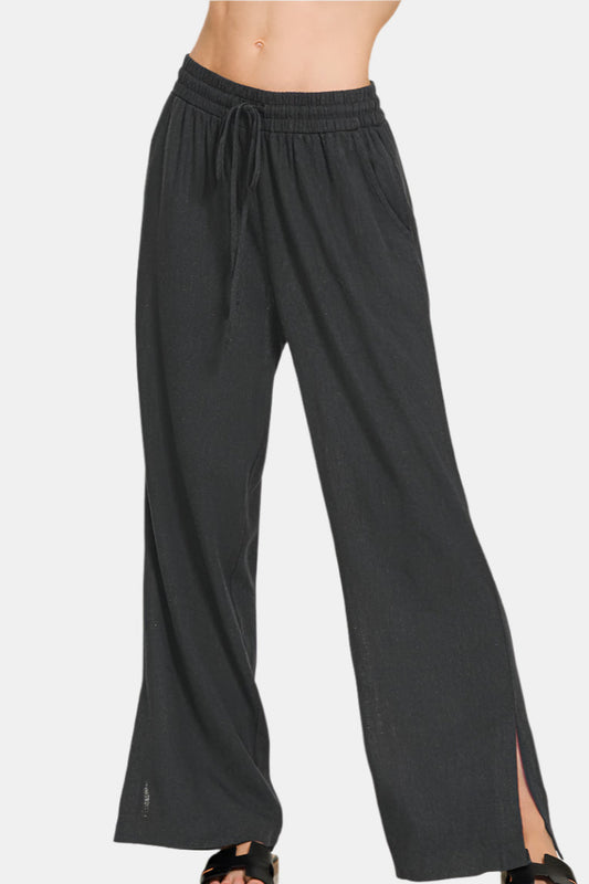 Linen Drawstring Pants With Side Slits / BLACK