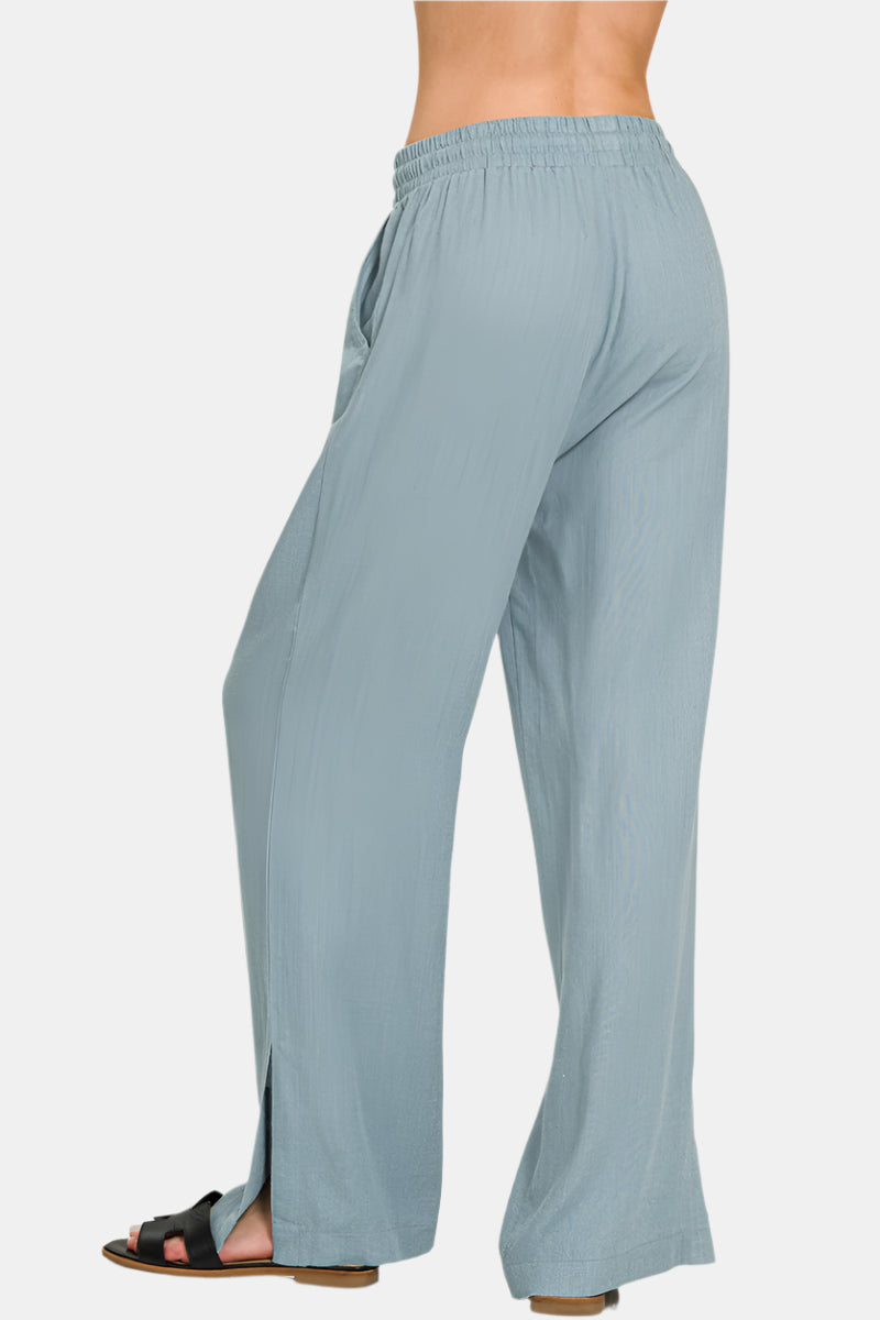 Linen Drawstring Pants With Side Slits / OATMEAL