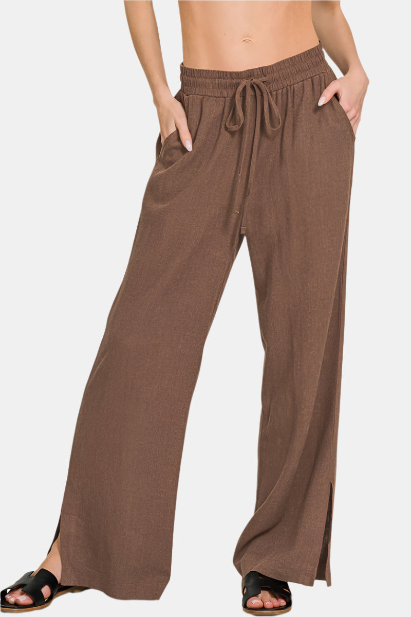 Linen Drawstring Pants With Side Slits / BROWN