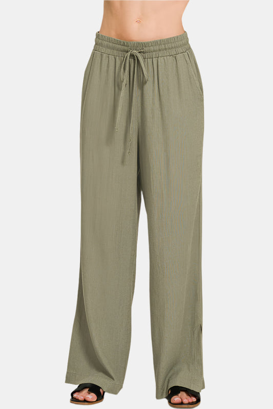 Linen Drawstring Pants With Side Slits / LT OLIVE