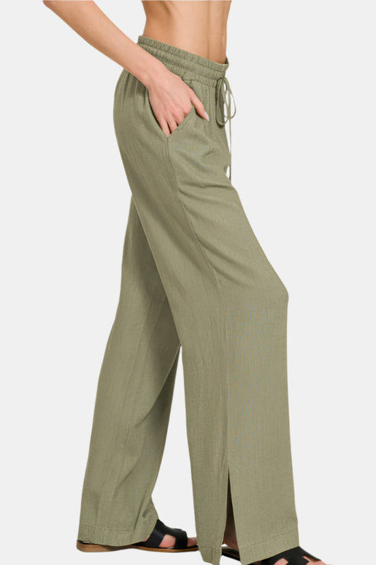Linen Drawstring Pants With Side Slits / LT OLIVE