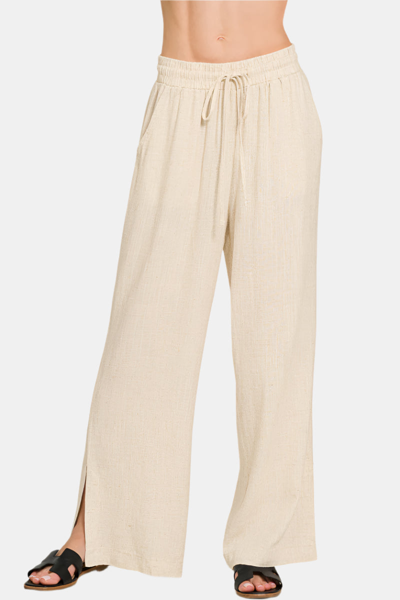 Linen Drawstring Pants With Side Slits / OATMEAL