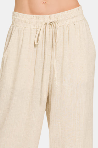 Linen Drawstring Pants With Side Slits / OATMEAL