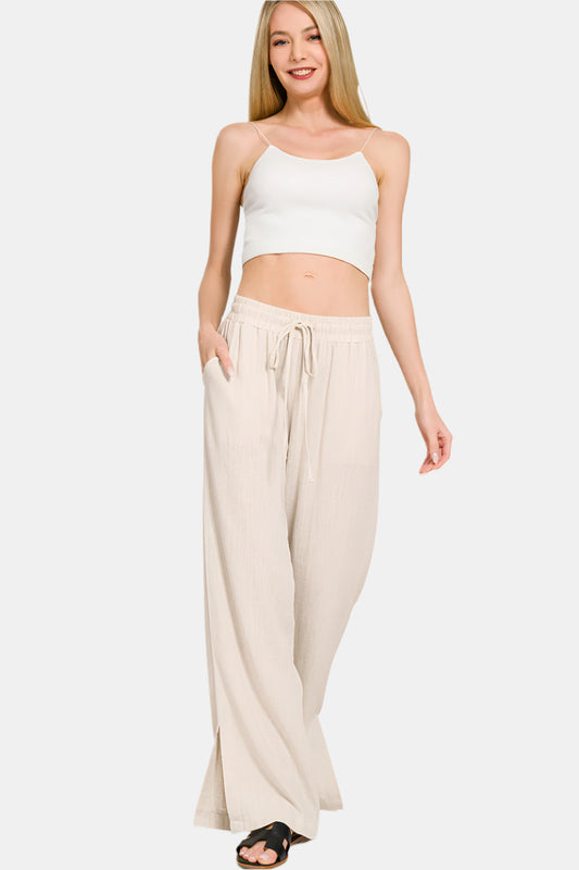 Linen Drawstring Pants With Side Slits / SAND BEIGE