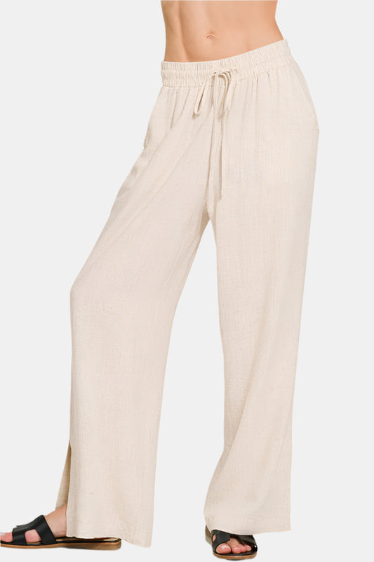 Linen Drawstring Pants With Side Slits / SAND BEIGE