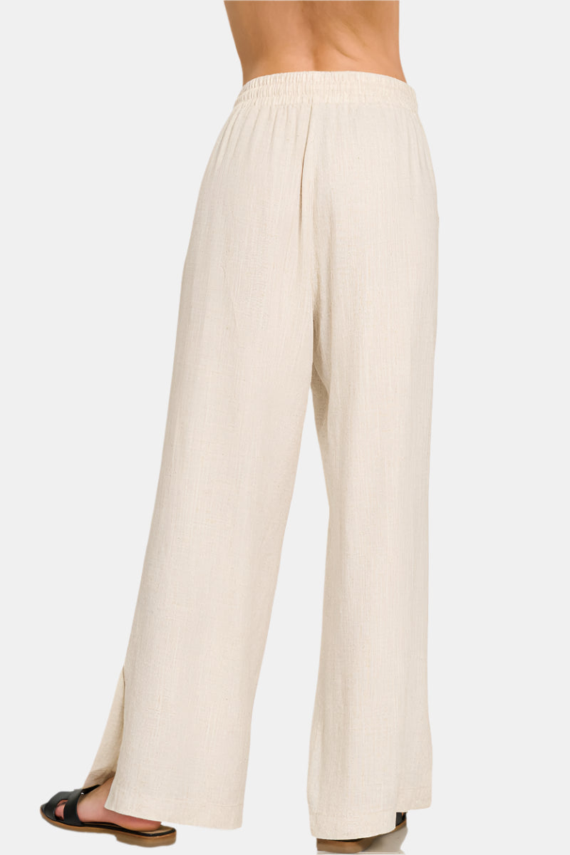 Linen Drawstring Pants With Side Slits / SAND BEIGE