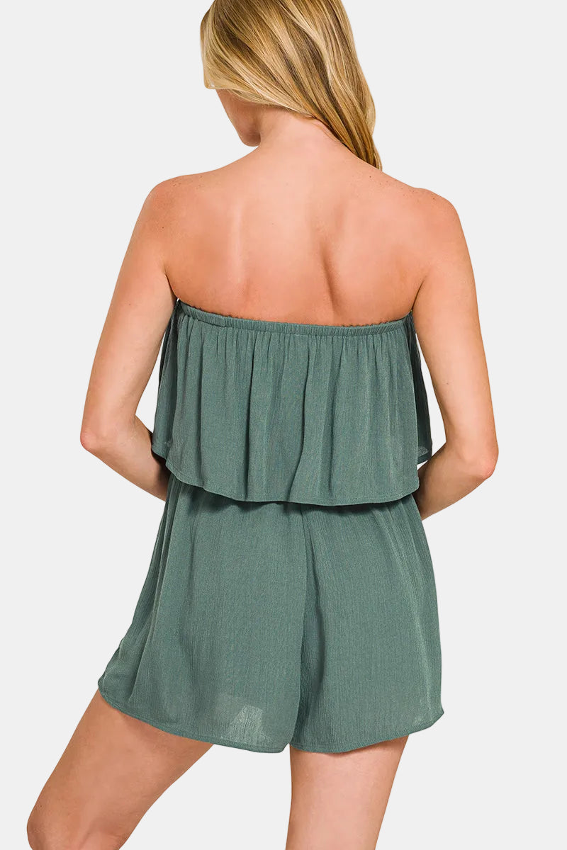 Woven Crinkle Strapless Romper / SAND BEIGE