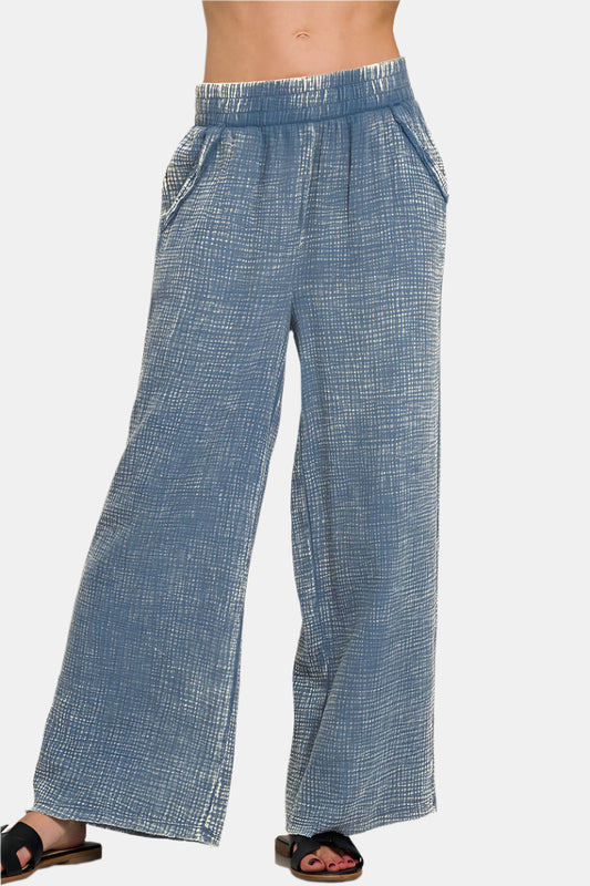 Washed Double Gauze Elastic Band Waist Pants / DUSTY BLUE