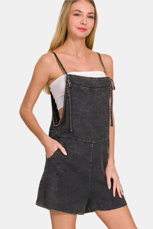 Washed Linen Knot Strap Romper / ASH BLACK