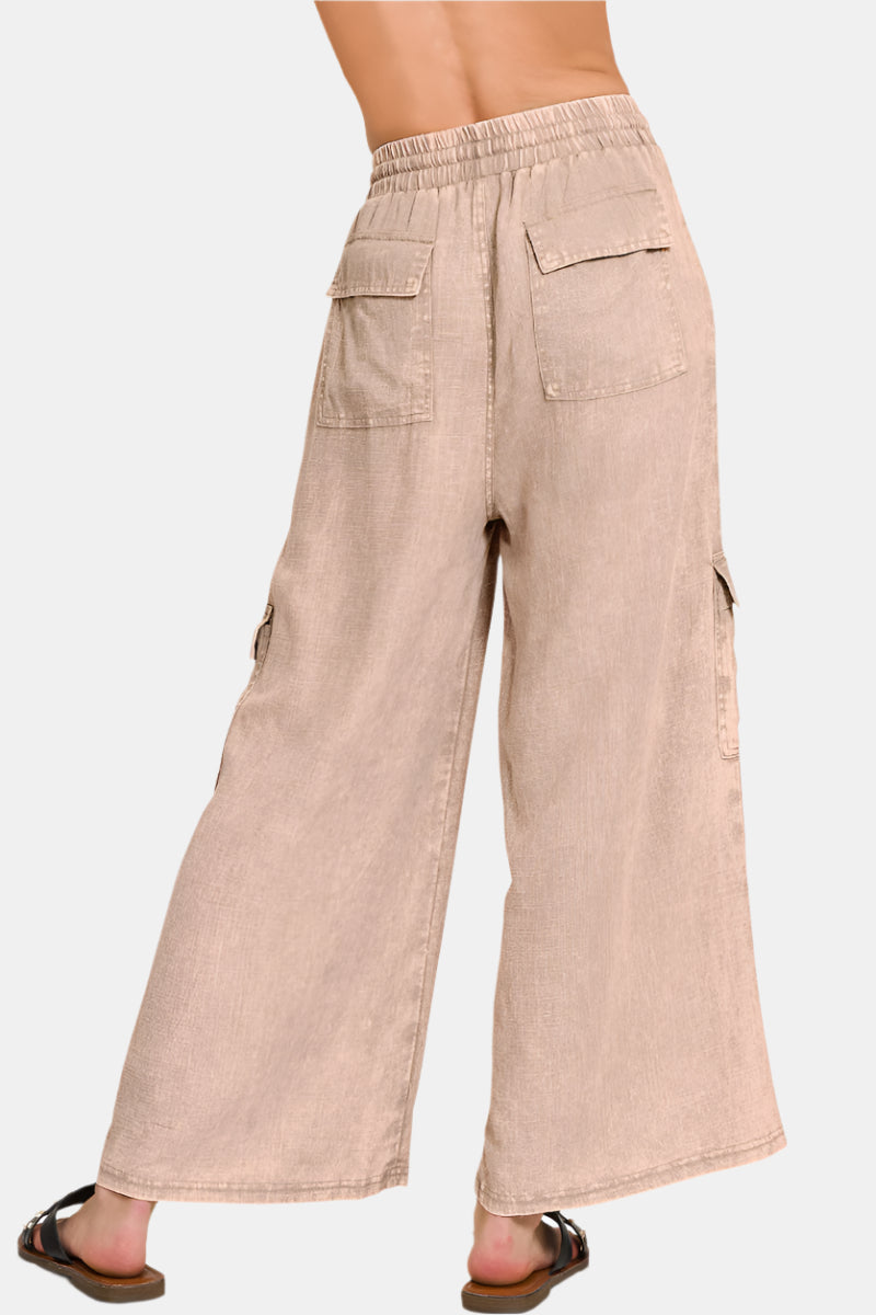 Washed Linen Elastic Band Waist Cargo Pants / LT OLIVE