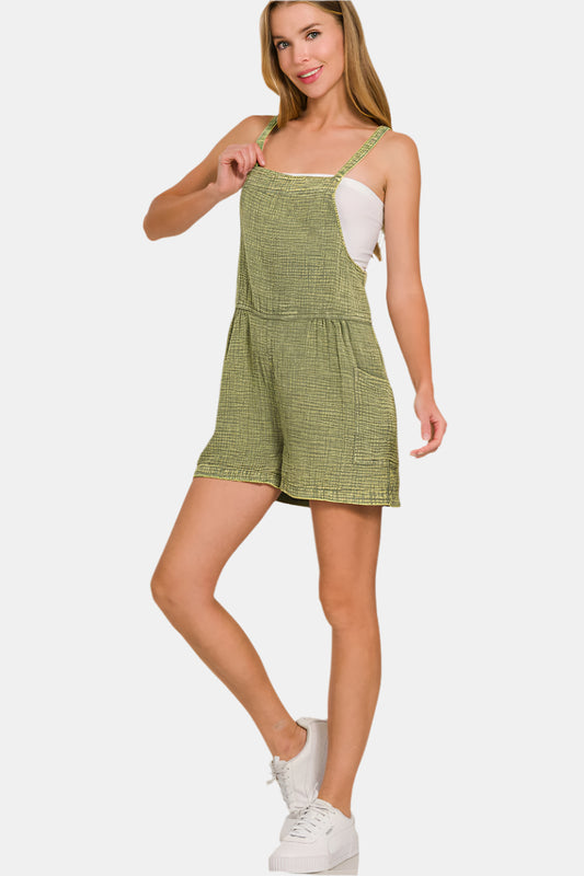 Washed Double Gauze Tie Back Romper / LT OLIVE