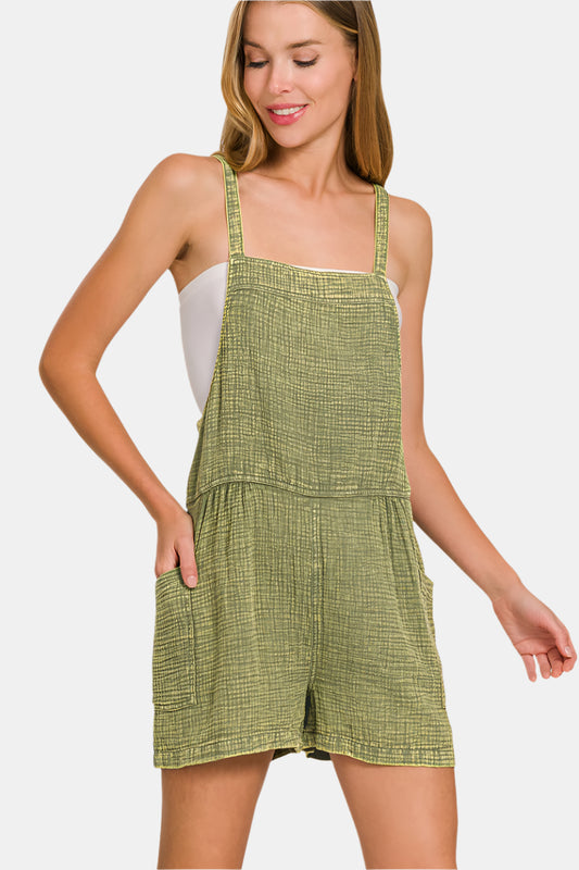 Washed Double Gauze Tie Back Romper / LT OLIVE