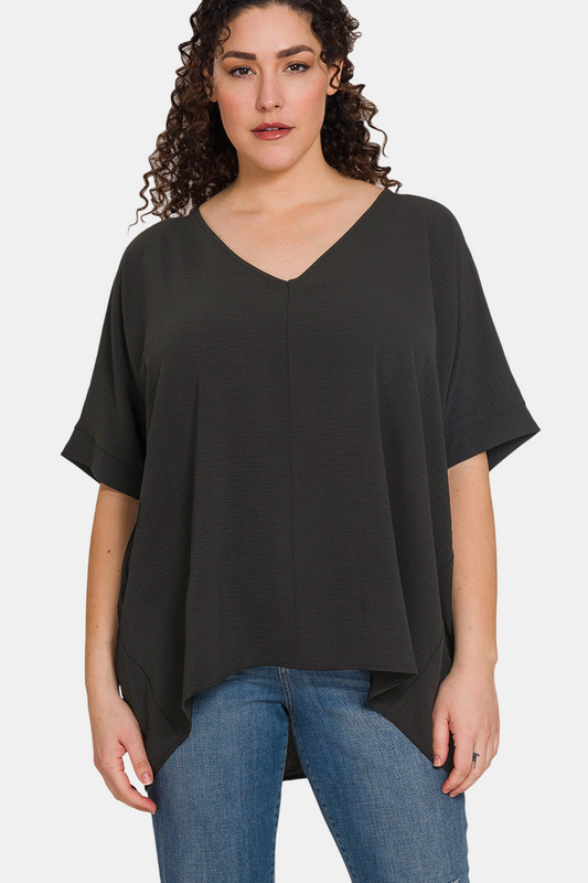 Woven Airflow V-neck Dolman Short Sleeve Top / BLACK