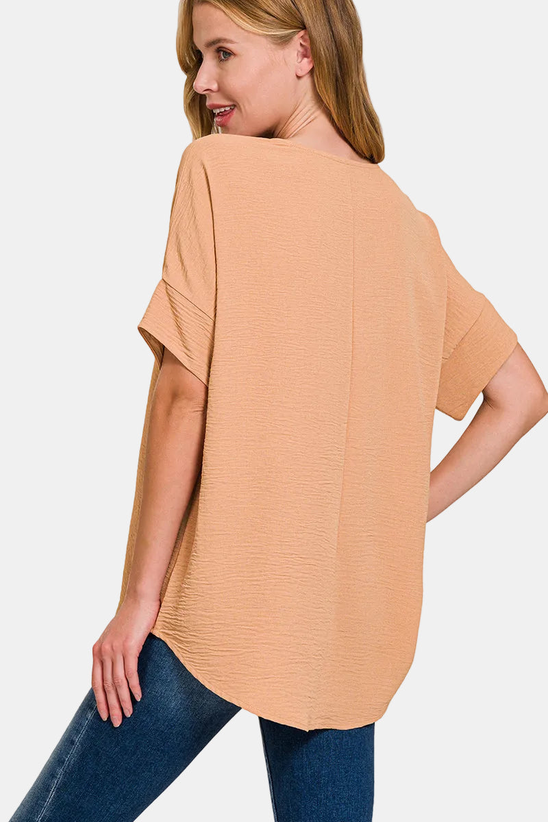 Woven Airflow Split Neck Short Sleeve Top / SAND BEIGE