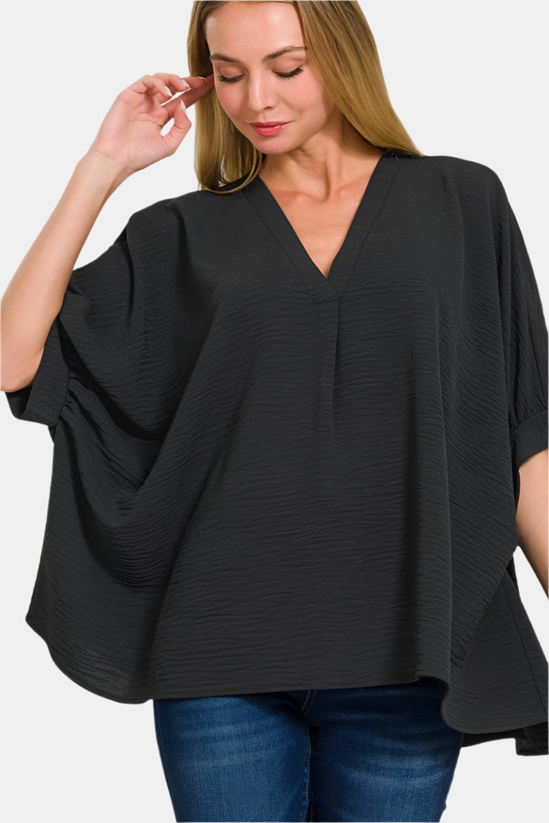 Woven Airflow V-Neck Puff Half Sleeve Top / BLACK