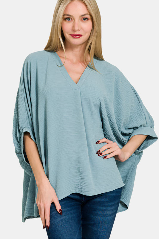 Woven Airflow V-Neck Puff Half Sleeve Top / BLUE GREY