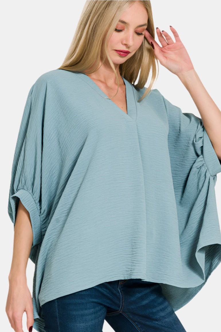 Woven Airflow V-Neck Puff Half Sleeve Top / BLUE GREY