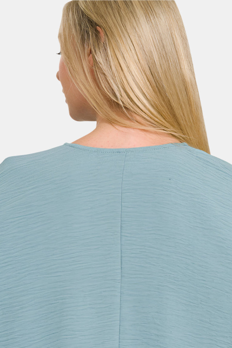 Woven Airflow V-Neck Puff Half Sleeve Top / BLUE GREY