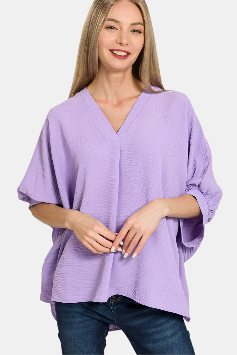 Woven Airflow V-Neck Puff Half Sleeve Top / LAVENDER