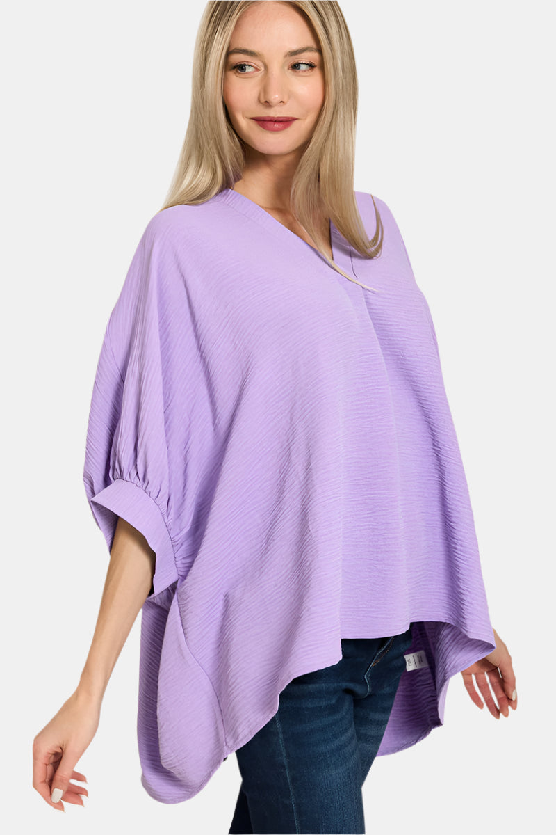 Woven Airflow V-Neck Puff Half Sleeve Top / BLUE GREY
