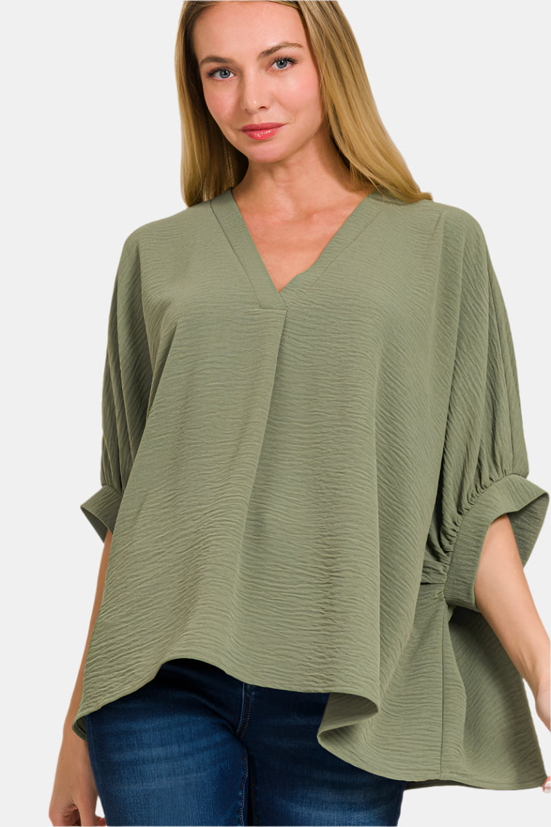 Woven Airflow V-Neck Puff Half Sleeve Top / LT OLIVE