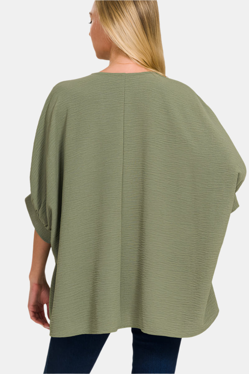 Woven Airflow V-Neck Puff Half Sleeve Top / LT OLIVE