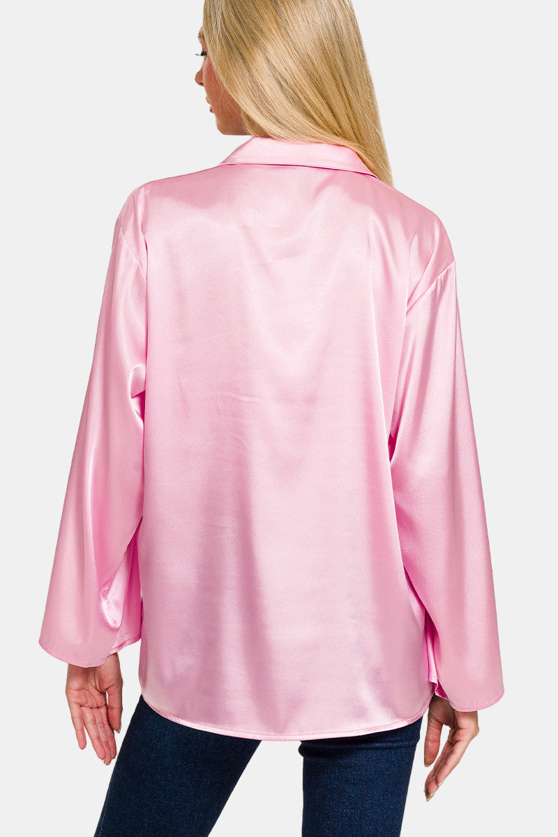 Satin Button Down Shirt / BLACK