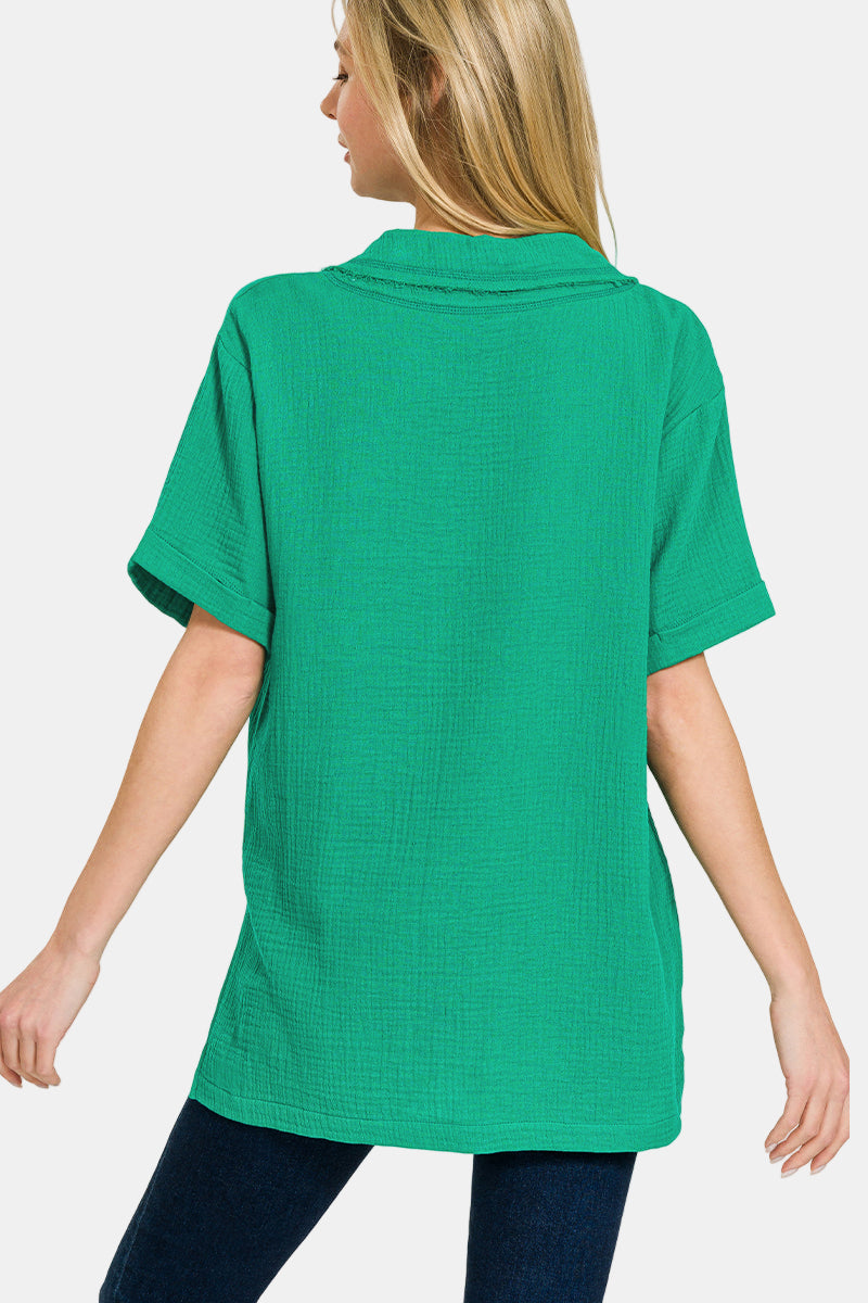 Double Gauze V-Neck Short Sleeve Top / BLACK