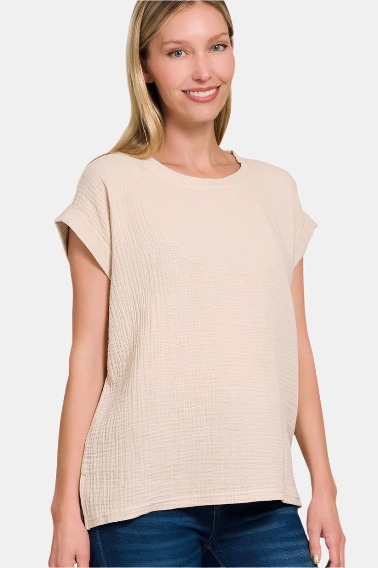 Double Gauze Round Neck Folded Short Sleeve Top / SAND BEIGE
