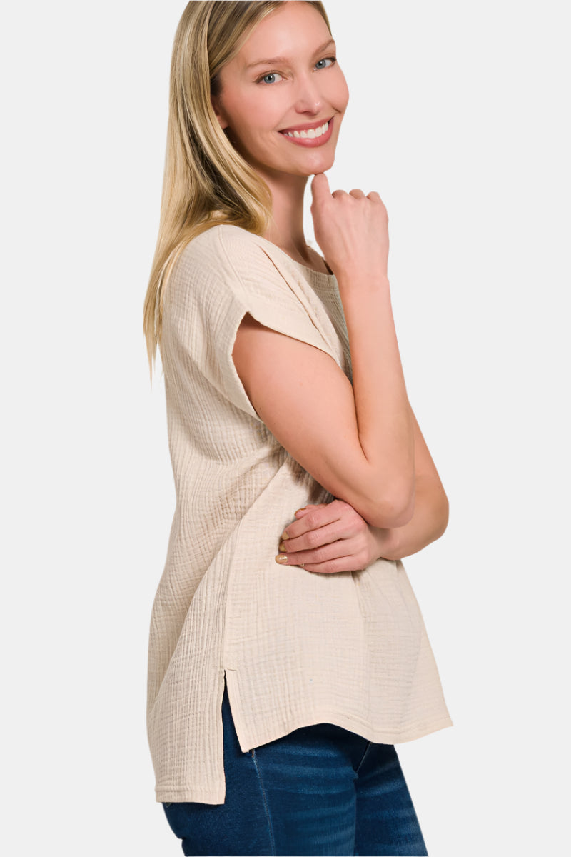 Double Gauze Round Neck Folded Short Sleeve Top / SAND BEIGE