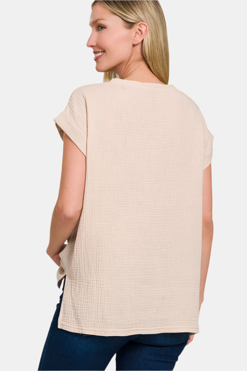 Double Gauze Round Neck Folded Short Sleeve Top / SAND BEIGE